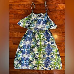 Great Northwest Indigo Tropical Leaf Print Cotton Spaghetti Strap Dress 1X